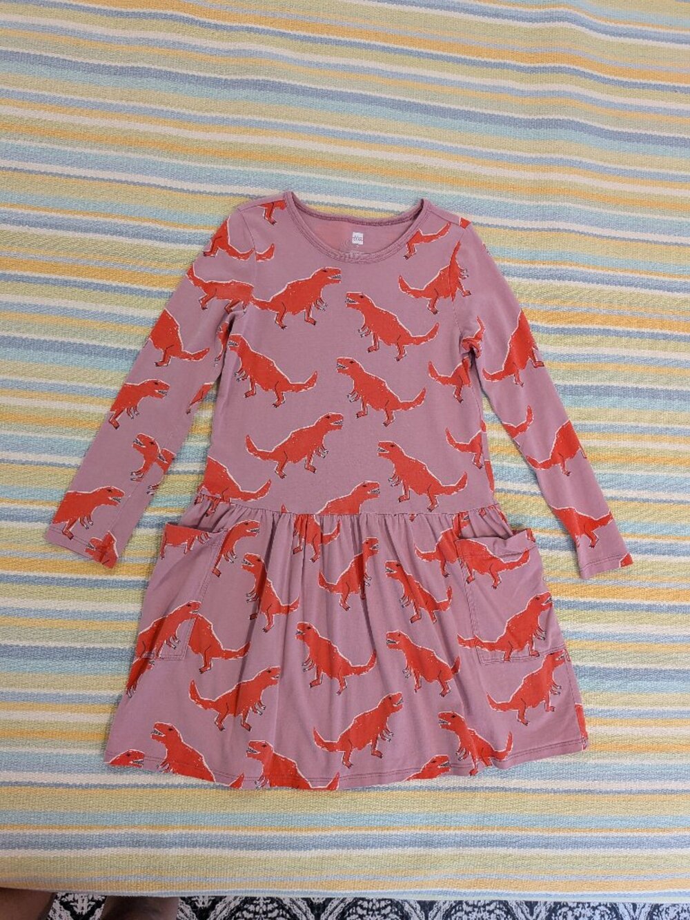 Tea Collection Girls' Size 7 Stomping Dinos Long Sleeve Pocket Play Dress Pink